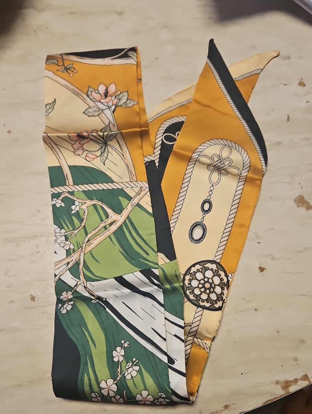 Silk-Feel Floral & Chain Print Scarf Belt - Mustard, Green